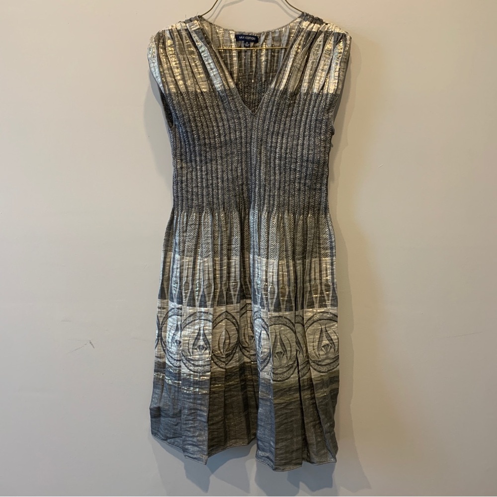 Max edition // gold, silver print Rusched midi dress size small dr1